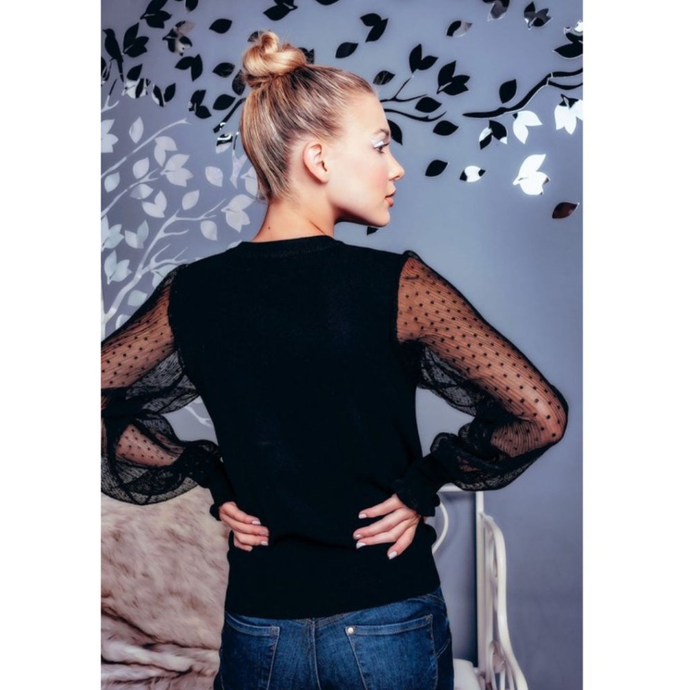 🥳🥳HP🥳🥳Black Mesh Sleeve Knit Pullover NWT - Picture 3 of 4